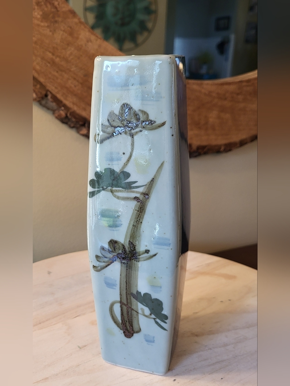 Vtg Japanese Asian Handpainted Lotus Flowers Porcelain Square Vase 10" MCM Blue